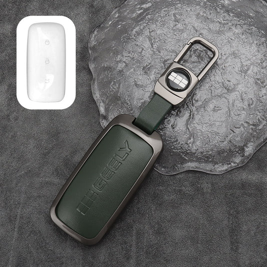 Geely Key Fob Cover Case — Zinc Alloy + Leather Shell Keychain (Green)
