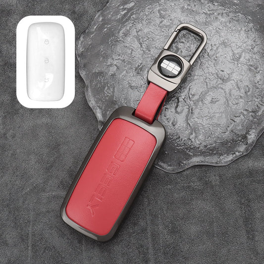 Geely Key Fob Cover Case — Zinc Alloy + Leather Shell Keychain (Red)