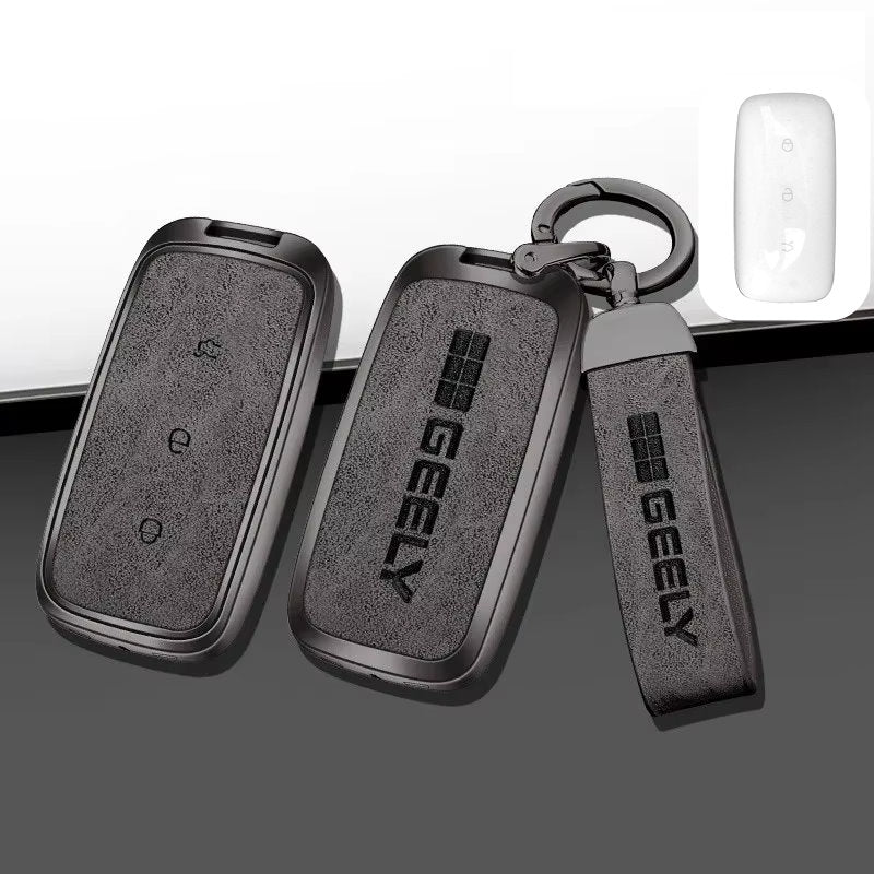Zinc Alloy + Leather Car Remote Key FOB Cover Case Shell Keychain for Geely EX5