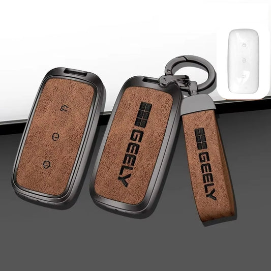 Geely Key Fob Cover Case — Zinc Alloy + Leather Shell Keychain (Brown, Style B)