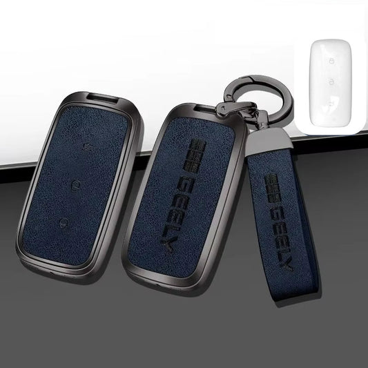 Geely Key Fob Cover Case — Zinc Alloy + Leather Shell Keychain (Blue)