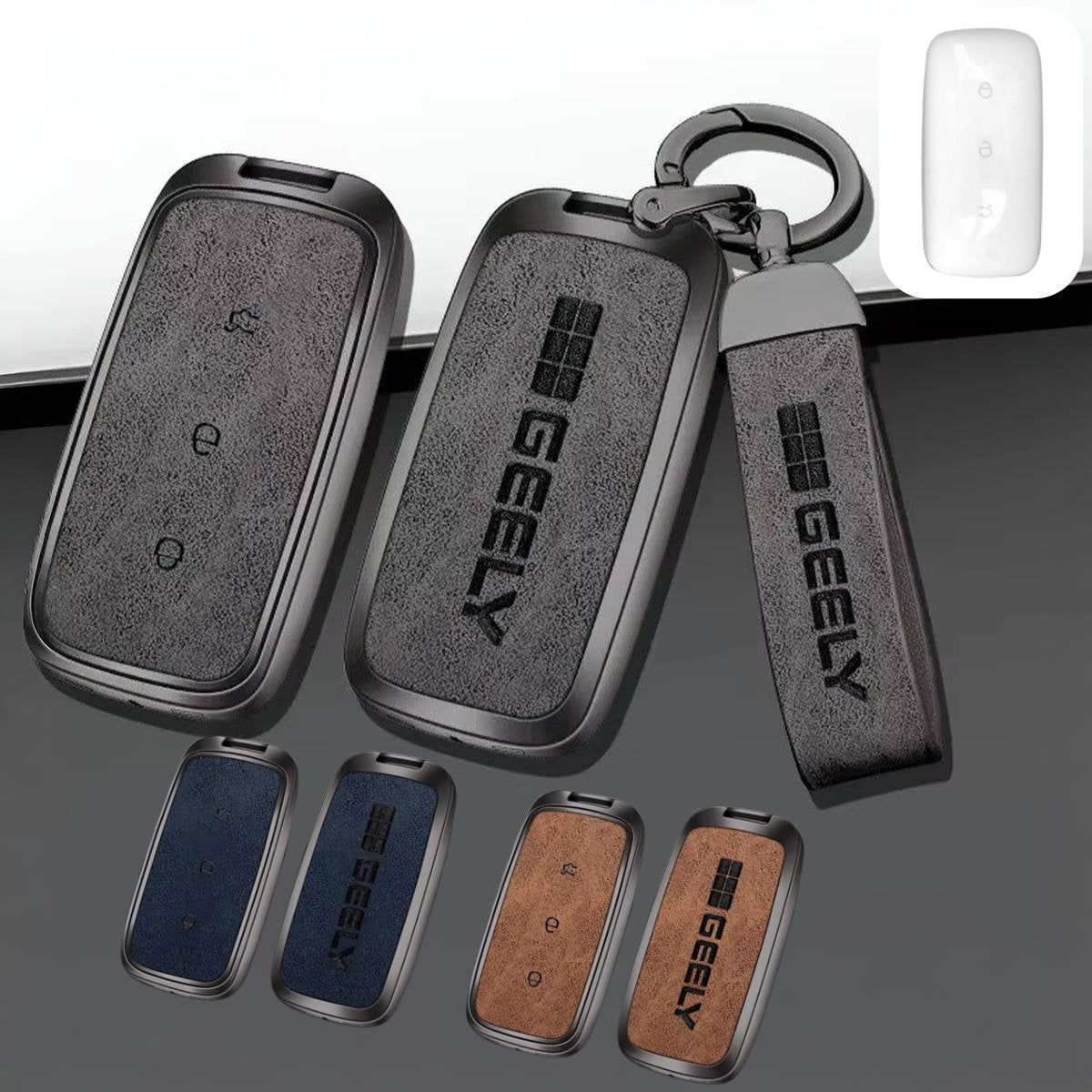 Zinc Alloy + Leather Car Remote Key FOB Cover Case Shell Keychain for Geely EX5
