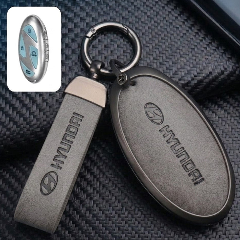 Hyundai Key Fob Cover Case — Zinc Alloy + Leather Shell Keychain