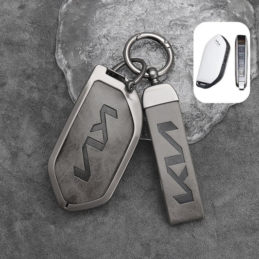 Zinc Alloy + Leather Car Remote Key FOB Cover Case Shell Keychain for Kia EV5