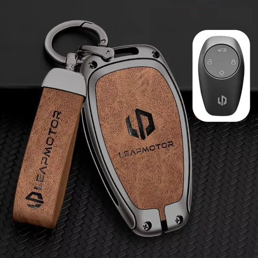 Leapmotor C10 key fob cover case in brown — zinc alloy and PU leather
