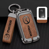 Mazda Key Fob Cover Case — Zinc Alloy + Leather Shell Keychain (Brown)