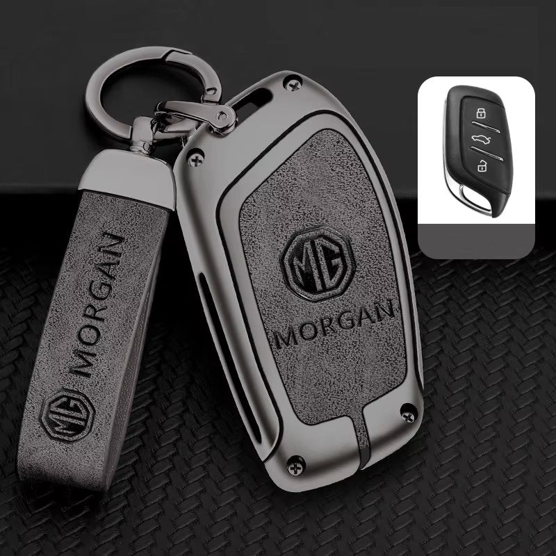 MG key fob cover case in grey — zinc alloy and distressed PU leather