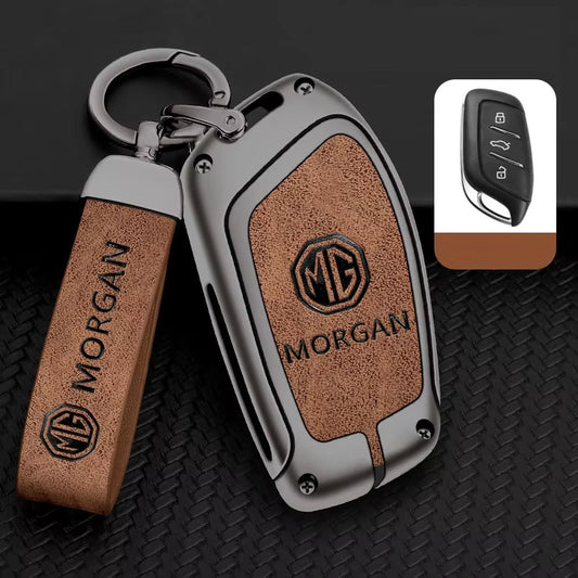 MG Key Fob Cover Case — Zinc Alloy + PU Leather Shell Keychain (Brown, Style B)