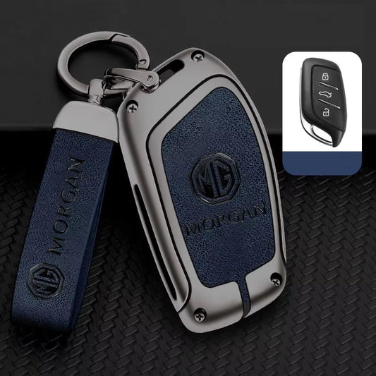 MG Key Fob Cover Case — Zinc Alloy + PU Leather Shell Keychain (Blue)