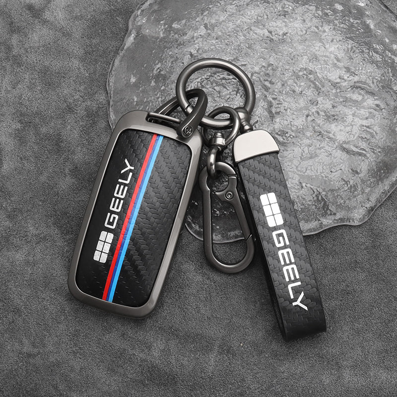 Geely EX5 Zinc Alloy + Carbon Fibre Pattern Leather Car Remote Key FOB Cover Case Shell Keychain