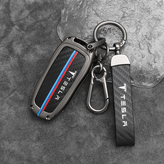 Tesla Model 3 Y Zinc Alloy + Carbon Fibre Pattern Leather Car Remote Key FOB Cover Case Shell Keychain