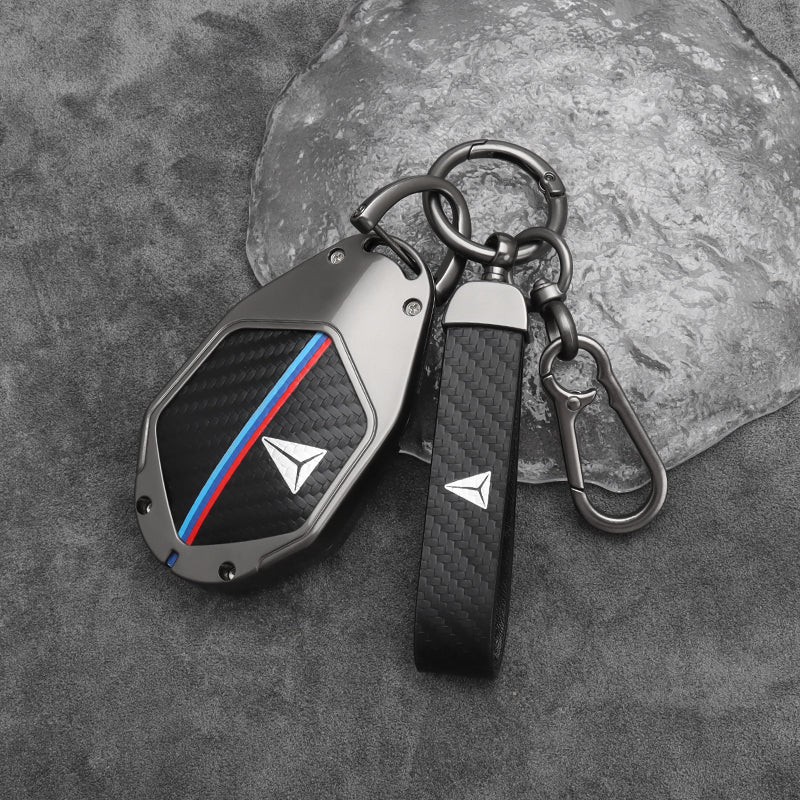 Deepal S07 Zinc Alloy + Carbon Fibre Pattern Leather Car Remote Key FOB Cover Case Shell Keychain
