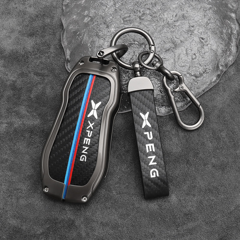Xpeng G6 Zinc Alloy + Carbon Fibre Pattern Leather Car Remote Key FOB Cover Case Shell Keychain