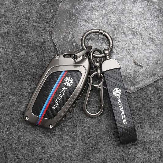 MG 4 Zinc Alloy + Carbon Fibre Pattern Leather Car Remote Key FOB Cover Case Shell Keychain