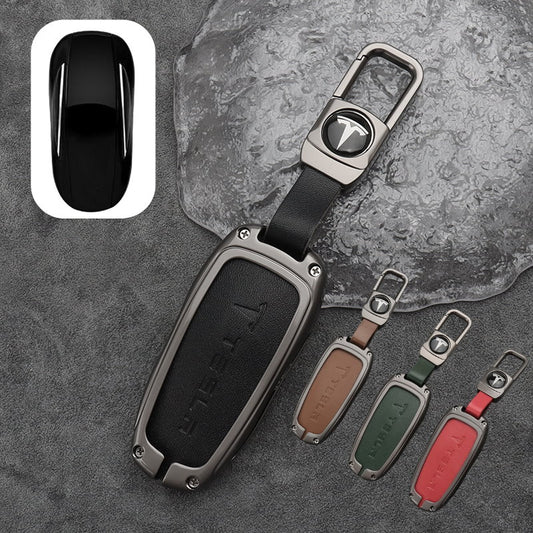 Tesla Model 3 Y Leather + Zinc Alloy Car Remote Key FOB Cover Case Shell Keychain