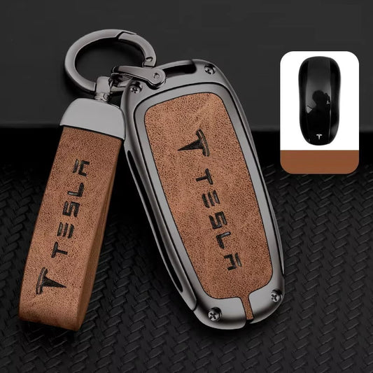 Tesla Model 3/Y key fob cover case in brown — zinc alloy and PU leather