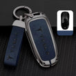 Tesla Model 3/Y Key Fob Cover Case — Zinc Alloy + Leather Shell Keychain (Blue)