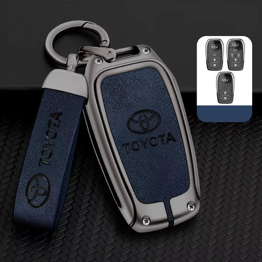 Zinc Alloy + Leather Car Remote Key FOB Cover Case Shell Keychain for Tyota - Blue