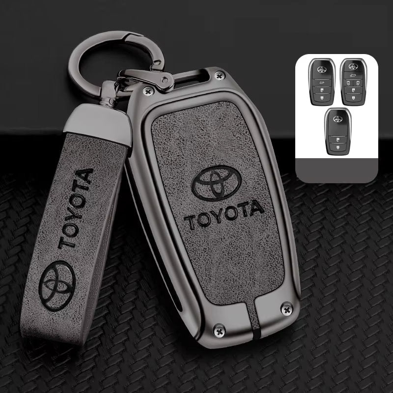 Toyota Key Fob Cover Case — Zinc Alloy + Leather Shell Keychain (Grey)